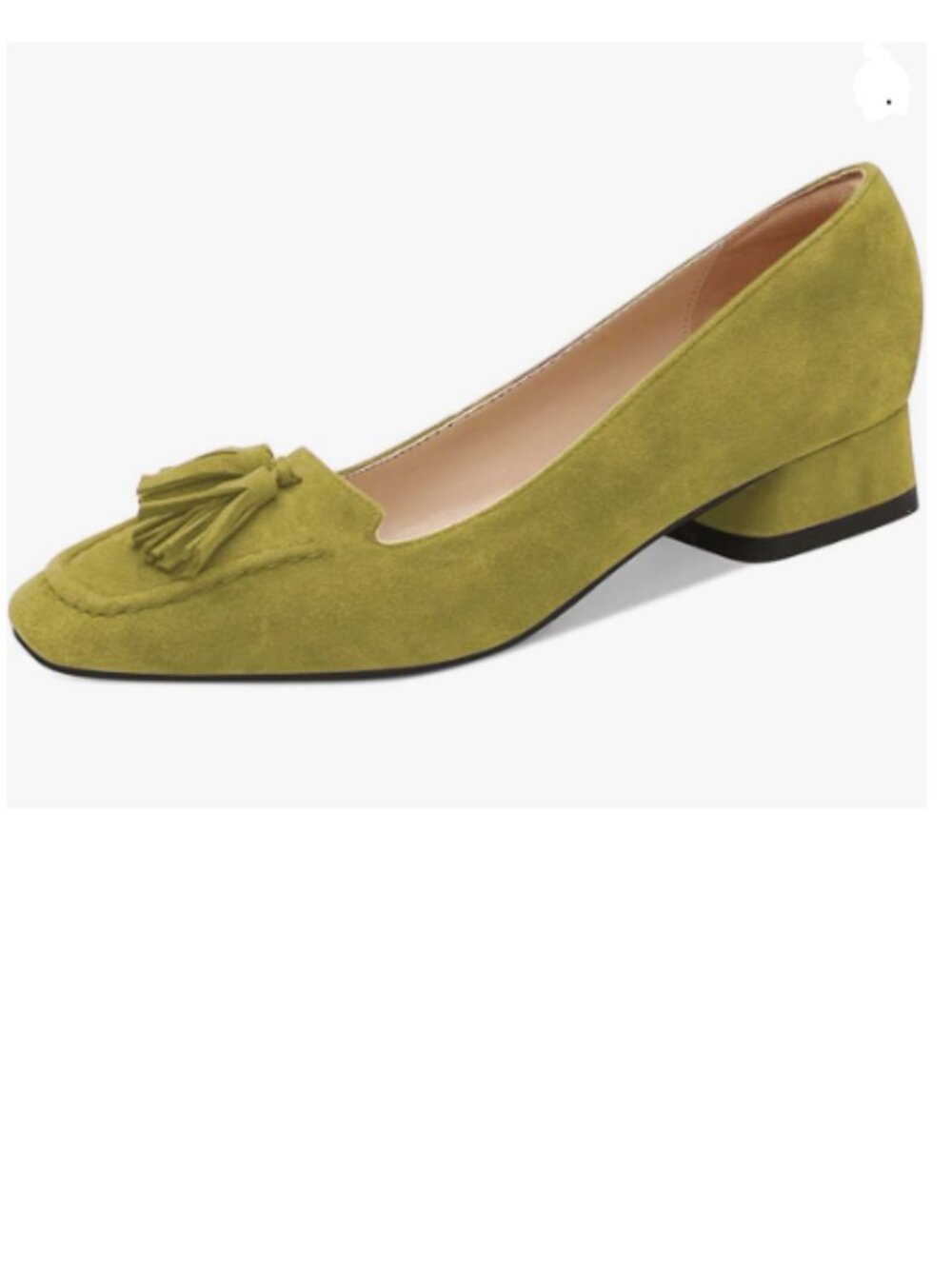 YDN Olive Block Low Heel Loafer Square Toe Tassel Fringe Pump Slip On Dress Shoe